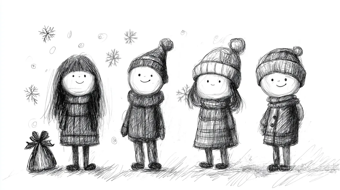 Drawing of four children, dressed in different winter outfits including a hat, scarf, puffy jacket, mittens and boots.