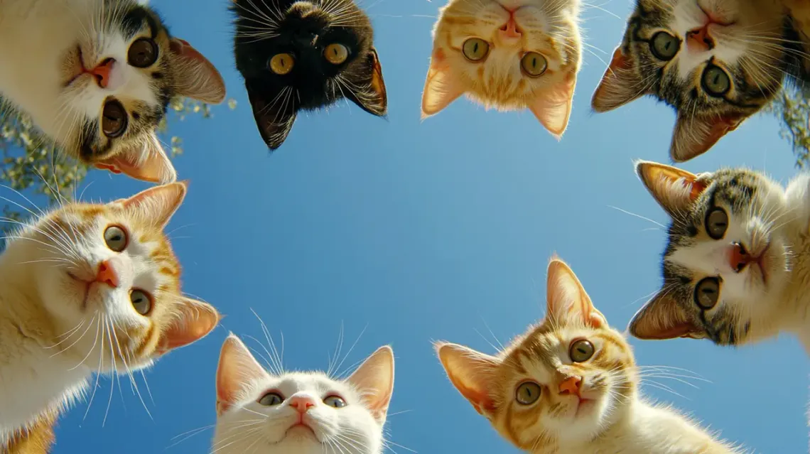 Eight cats forming a circle, viewed from a bottom-up perspective.