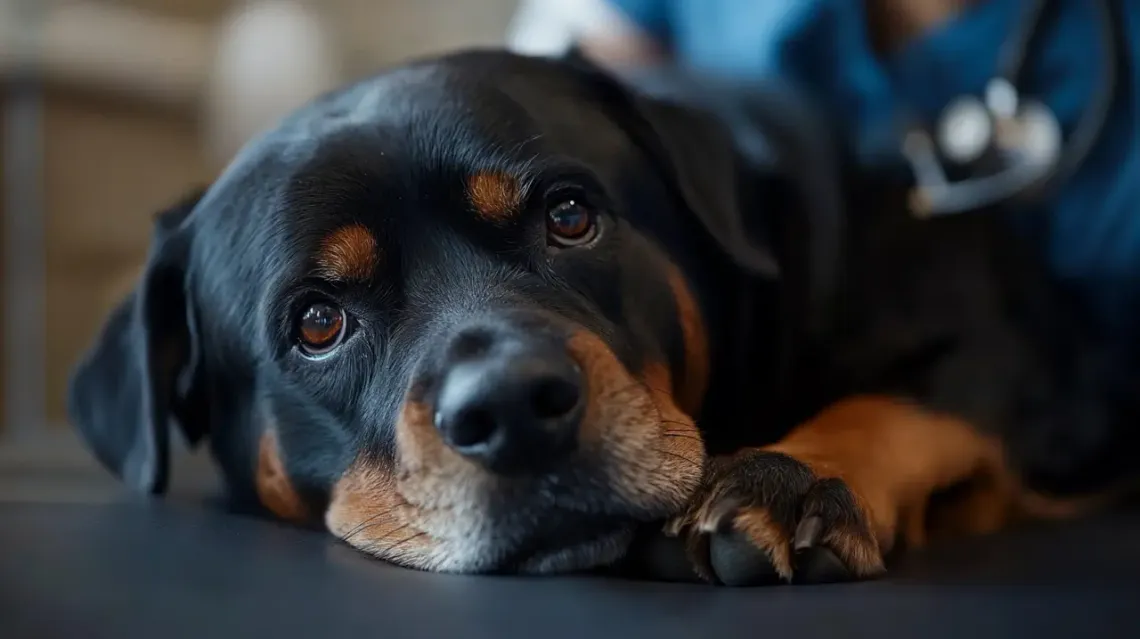 An old Rottweiler male with a graying coat captured in Canon photo style.