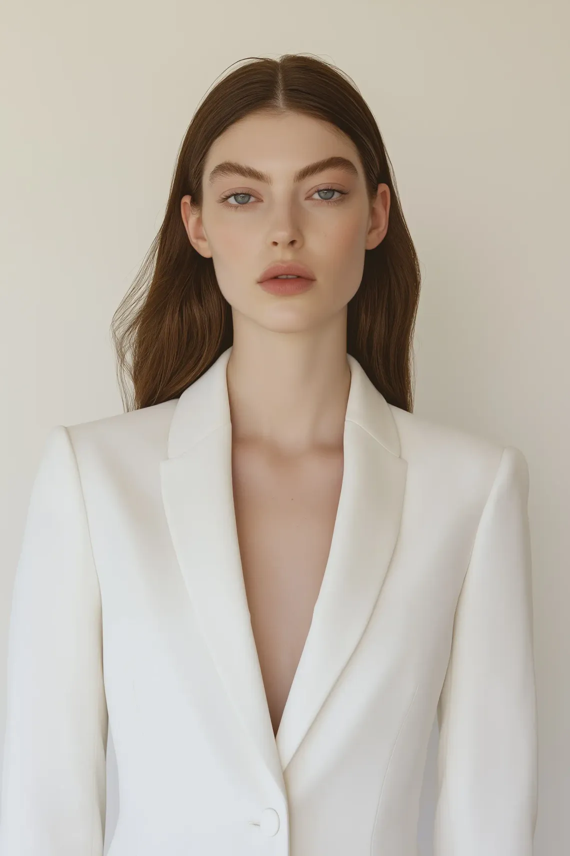 Elegant woman in perfectly fitted white suit showcasing her fashion sense.