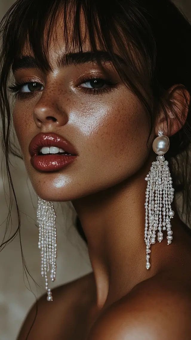 Elegant woman with wavy brown hair and jewellery.