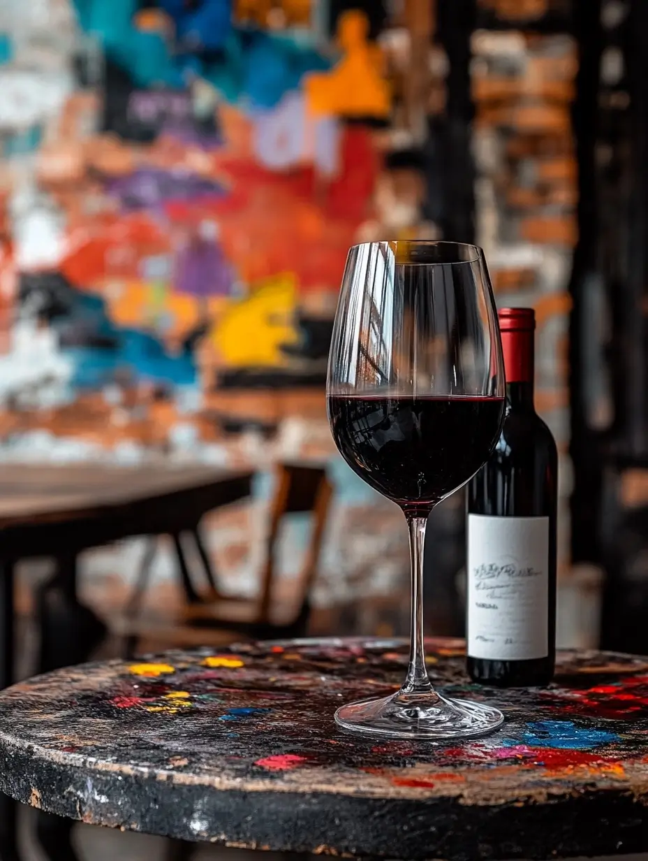 Elegant glass of red wine on a smooth, dark wooden table in a warm, cozy and intimate setting.