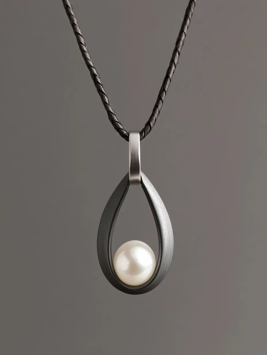 Elegant white pearl dangling in the center of a sleek black pendant, exuding timeless elegance.