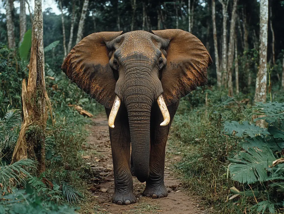 Elephant walking down a narrow path in dense woods, illuminated by dappling sun, depicting forest tranquility.