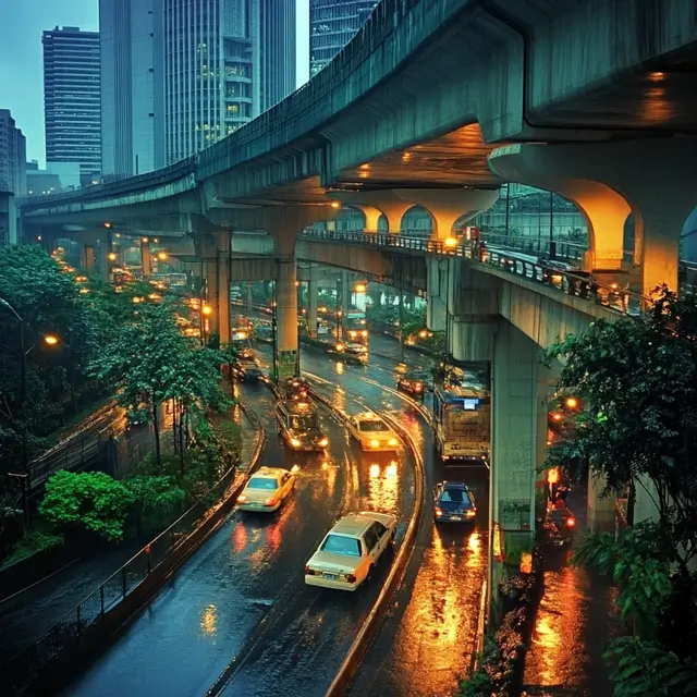 Elevated highways alongside rainwater drains.