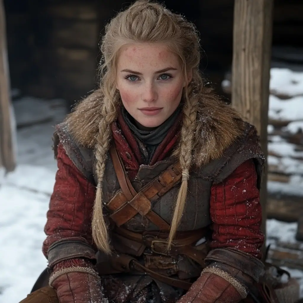 Woman in red and brown outfit, sitting cross-legged on a wooden bench, conveying tranquility.