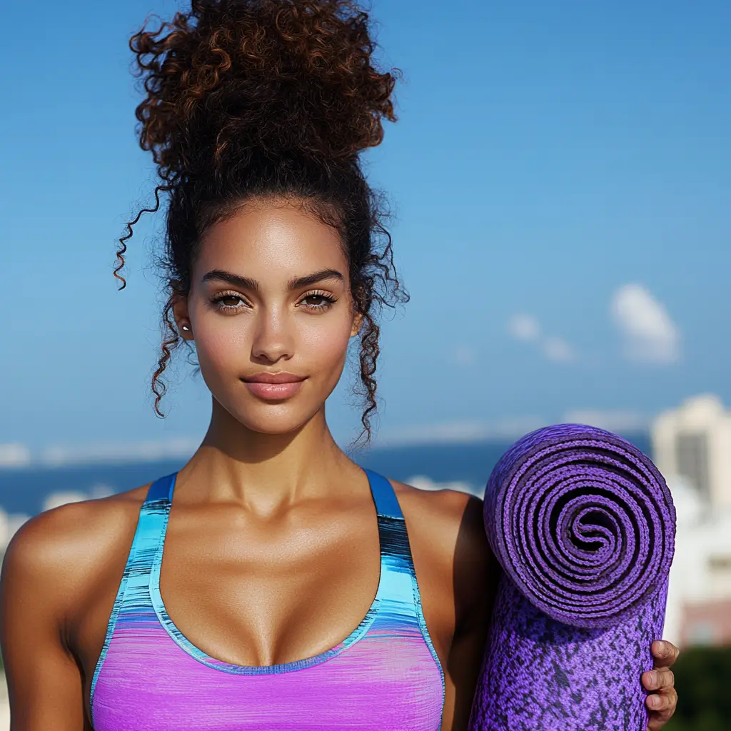 Woman holding vibrant purple yoga mat, ready for workout session.