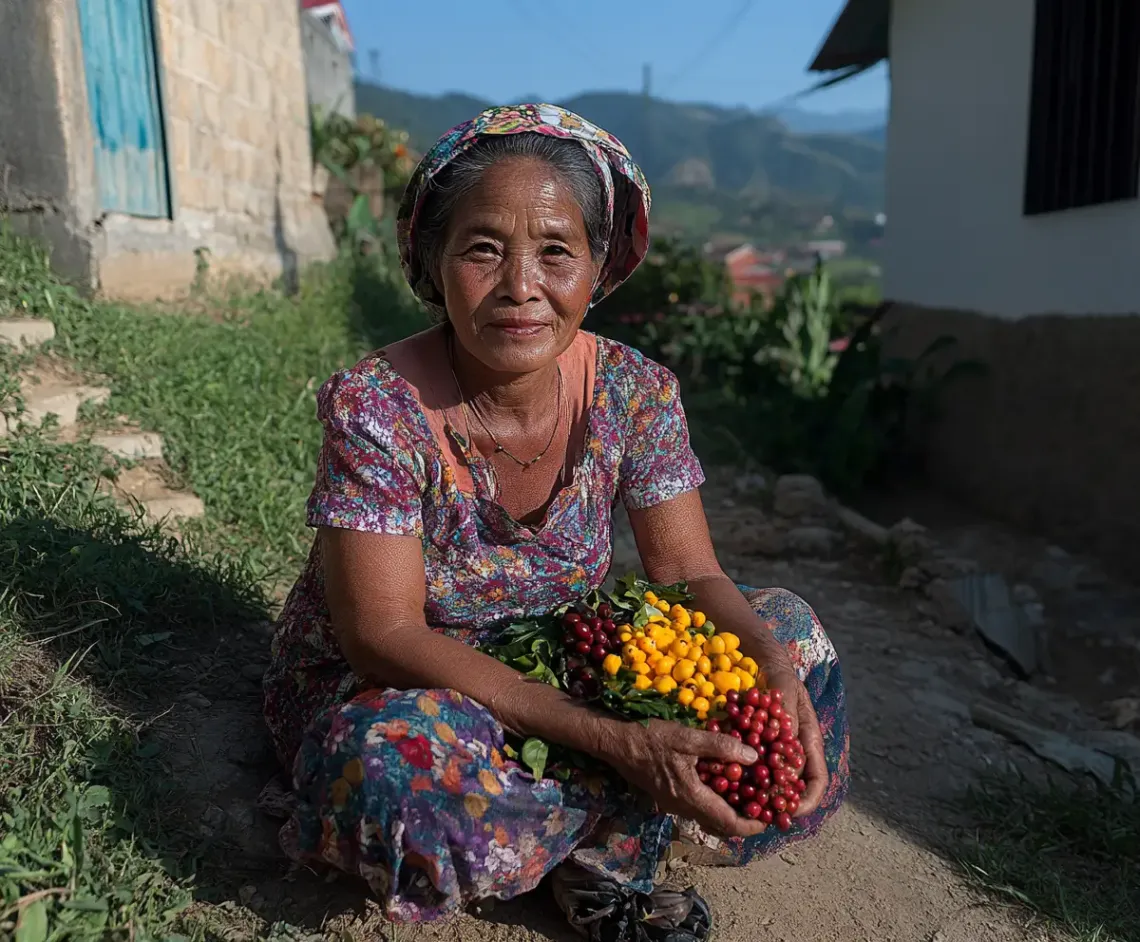 Woman sitting outdoors, casually dressed, sorting a variety of colorful berries and grapes.