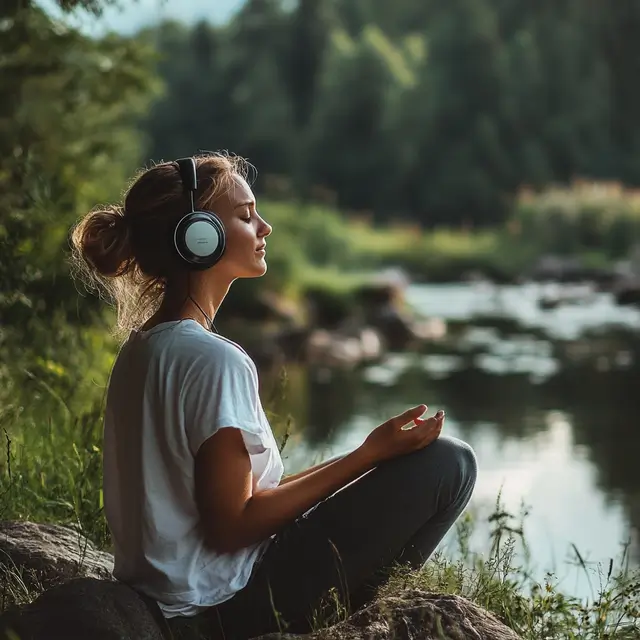 Woman relaxing in nature, listening to music in a laid-back pose.