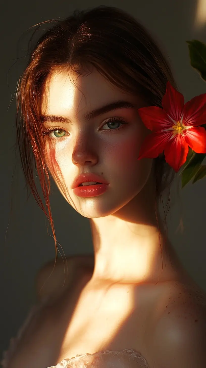 Serene woman with long brown hair and a delicate flower tucked behind her ear, evoking simplicity and grace.