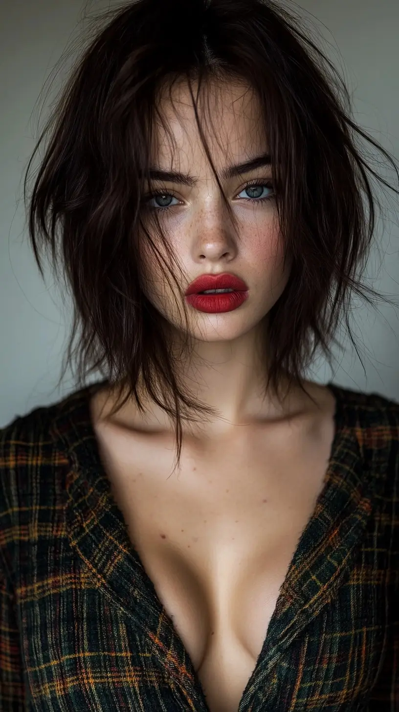 Woman in a plaid shirt with bold red lipstick, in a neutral, well-lit background focusing on her makeup and style.