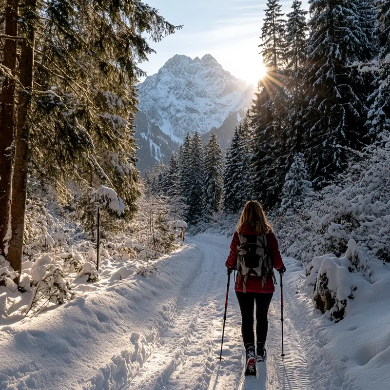 Woman snowshoeing with trekking poles in deep snow.