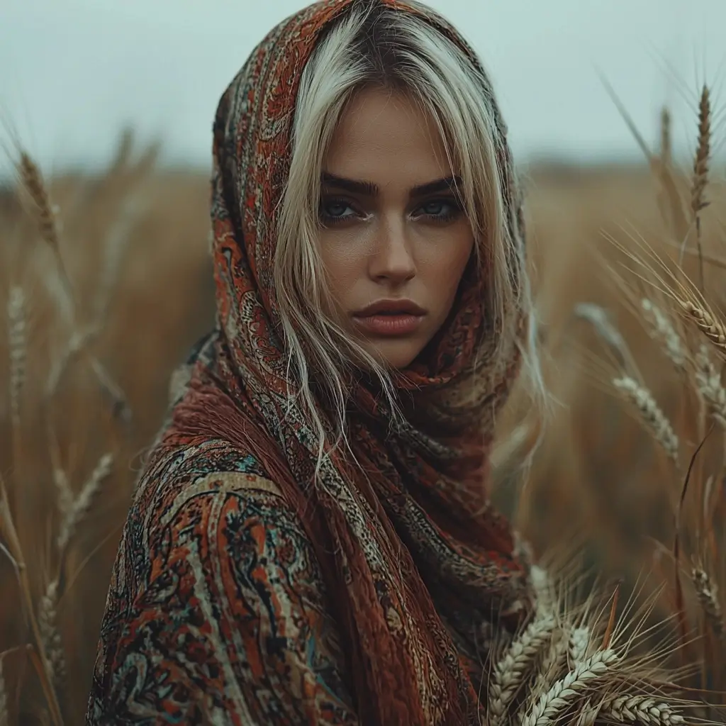 Serene woman wearing a scarf standing in a vast, sunlit field of swaying golden wheat, contemplating nature.