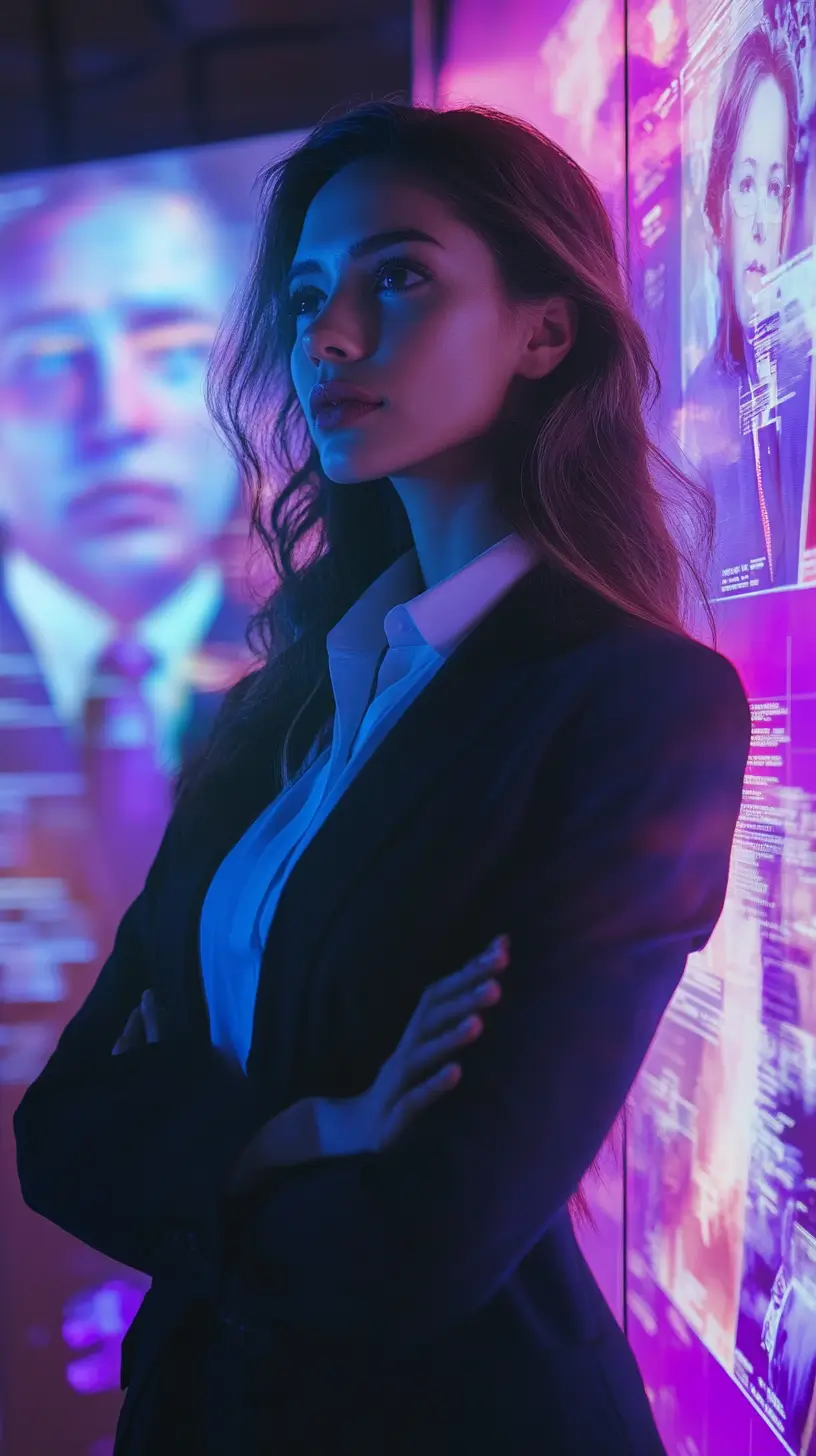 Confident woman in professional suit standing in front of a plain wall, portraying professionalism and sophistication.