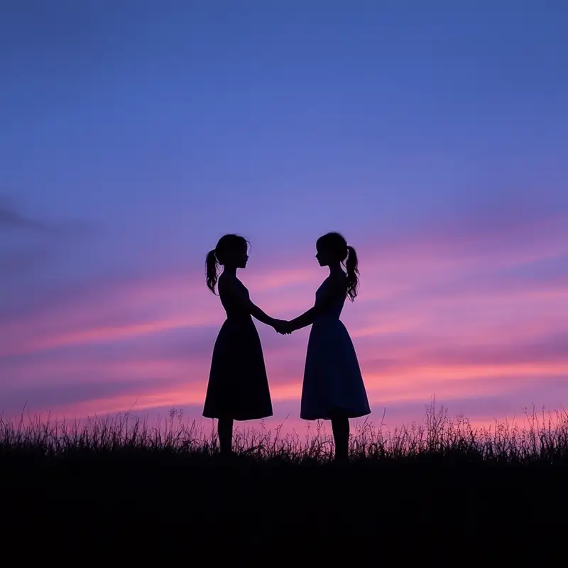 Silhouette of two sisters reaching for each other.