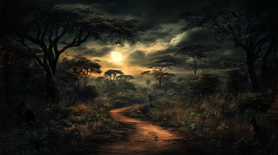 Artistic depiction of a tropical savanna under a dark, fantasy-themed sky.