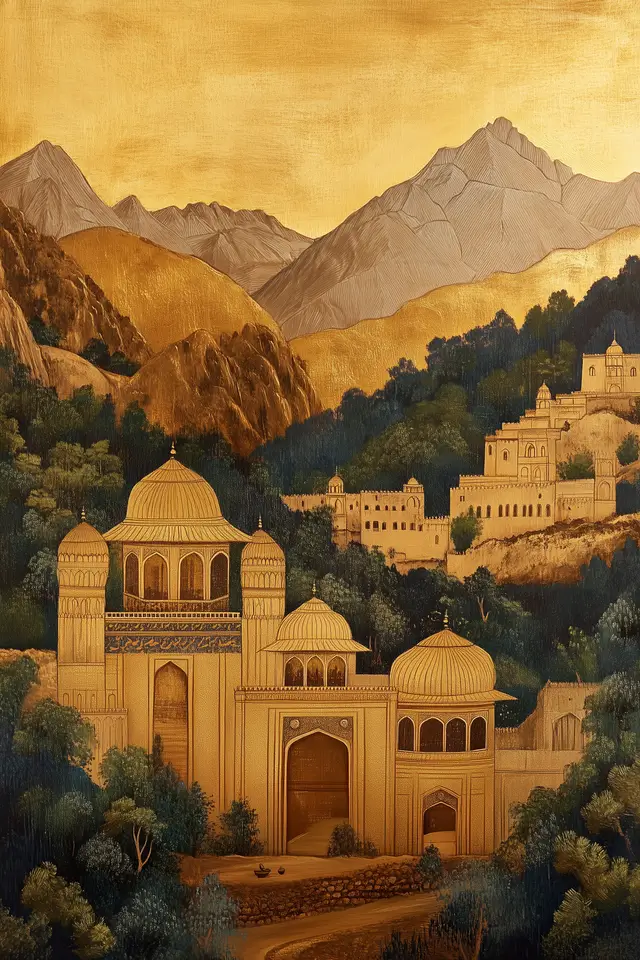 Mughal era painting showcasing an Indian valley and Rajput royal lands.