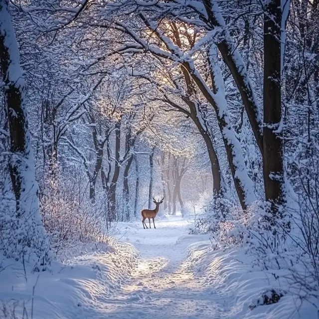 Snow-covered path leading through a fabulous winter forest.