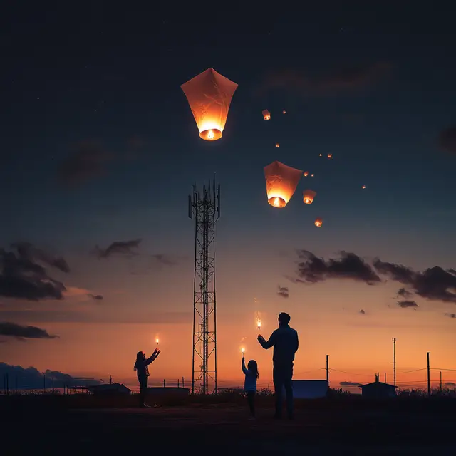  A family lighting sky lanterns with a cell tower in the background.