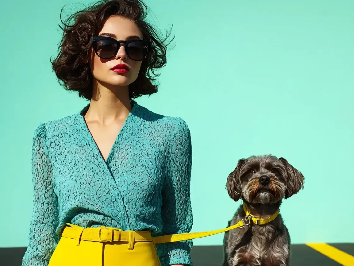 Woman in blue shirt and yellow pants next to a dog, standing outdoors.