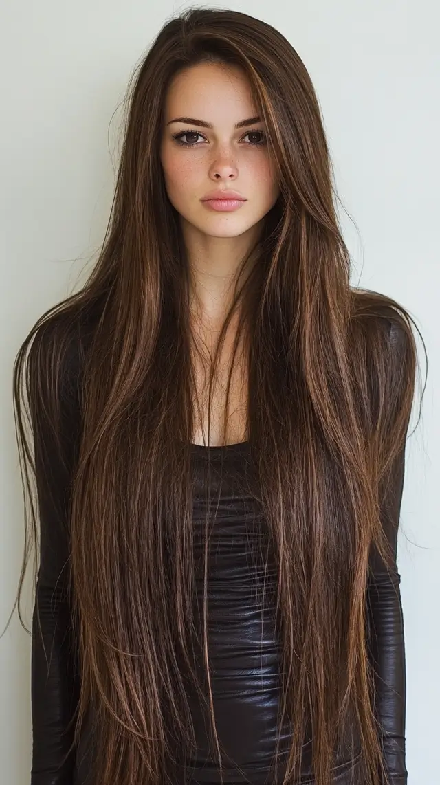 High fashion photo of a woman with long brown hair.