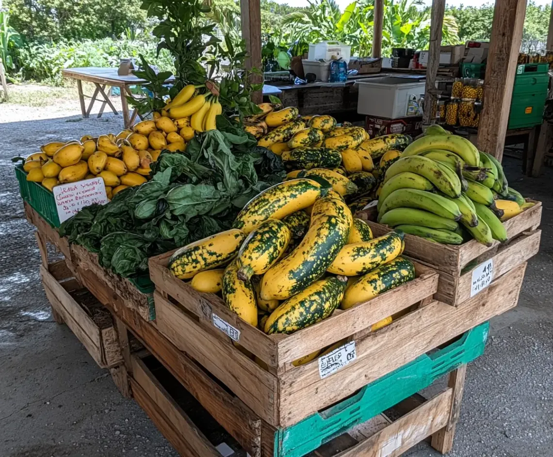 Fresh ripe fruits and vegetables highlighted on a colorful market stall.