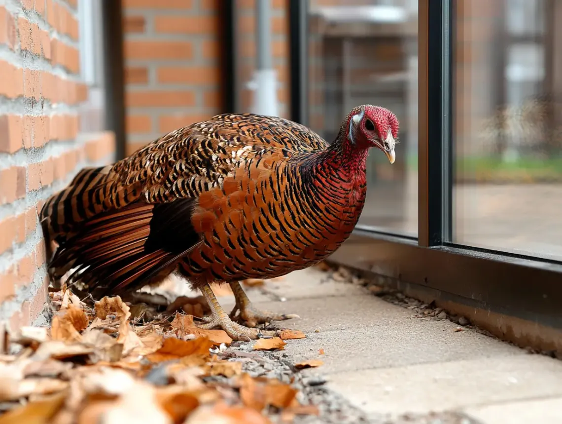 Bird perched on a concrete surface next to a closed window, its wings slightly extended, gazing outside. 