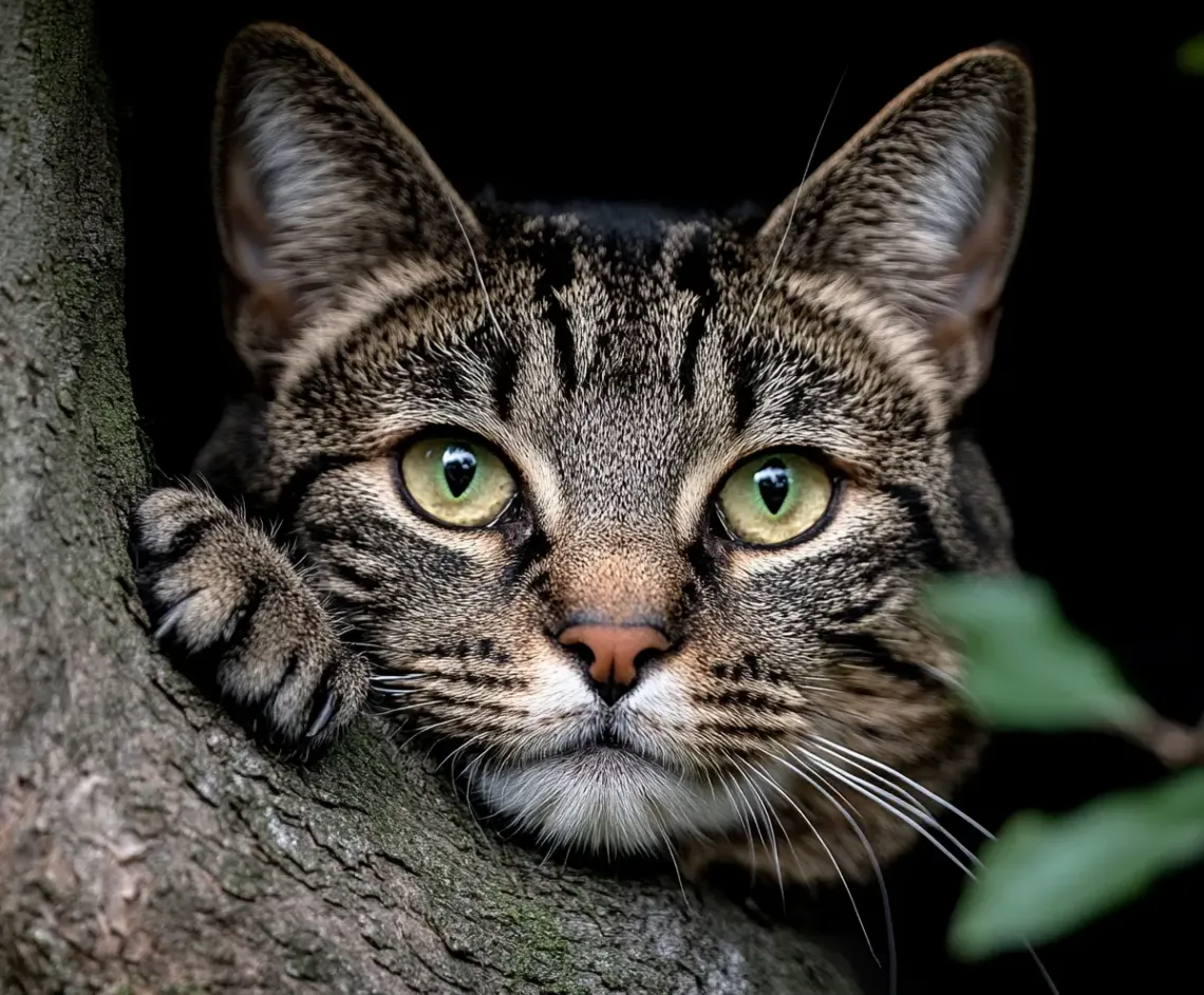 Charming, well-groomed cat perched in a tree, looking curiously at the camera with a blurred background.