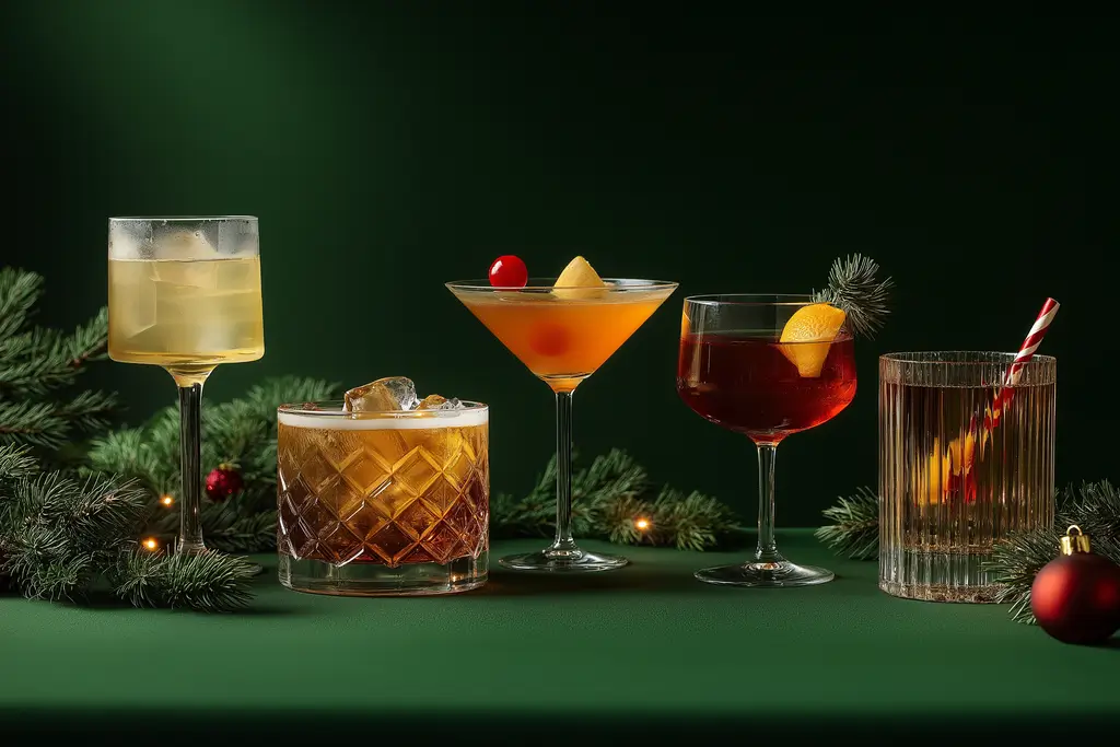 Festive Christmas cocktail drinks in elegant glasses.