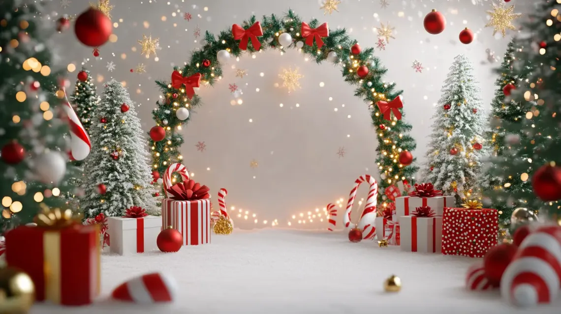 Festive Christmas scene in a cozy indoor area with decorated trees, wrapped presents, and holiday decorations.