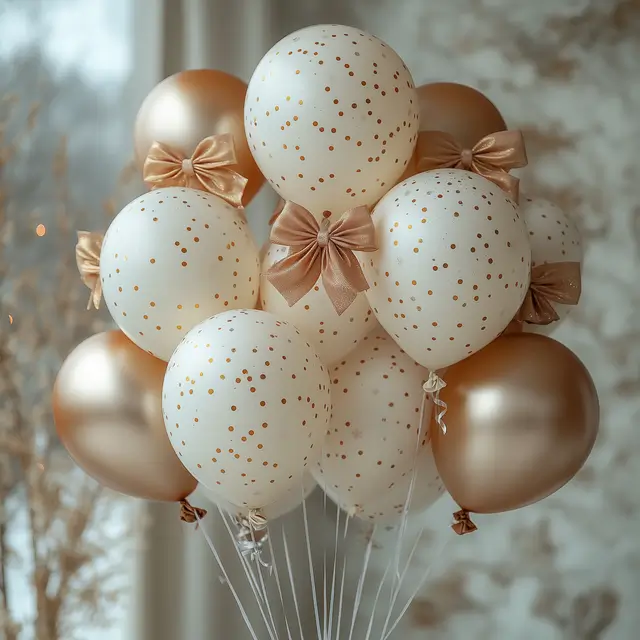 Festive snow and ice balloons in beige with decorative bows.