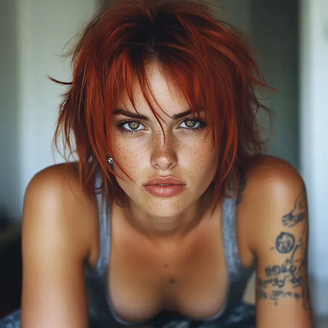 Front shot of a young ginger-haired punk woman.