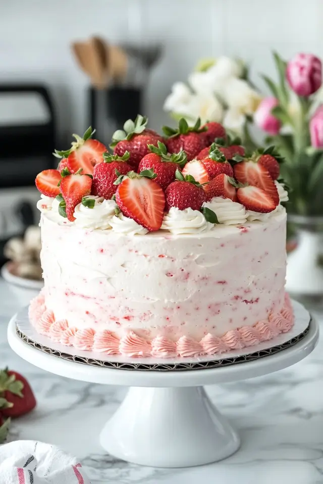 Final layer of strawberries on a cake.