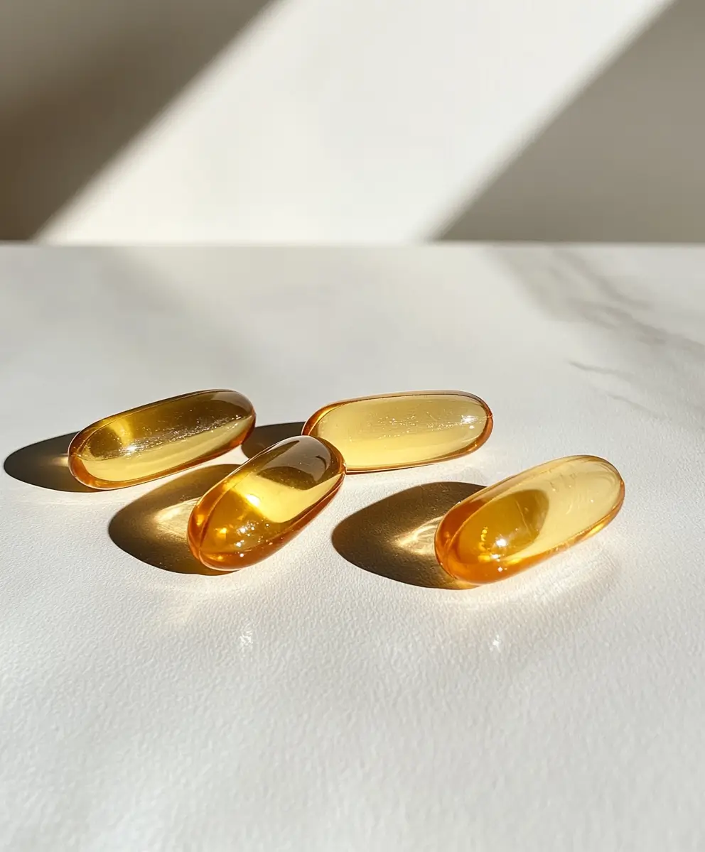 Four translucent fish oil capsules neatly arranged in a row on a glossy tabletop, evoking health and wellness.