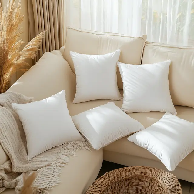 High-angle shot of five square pillows arranged neatly.