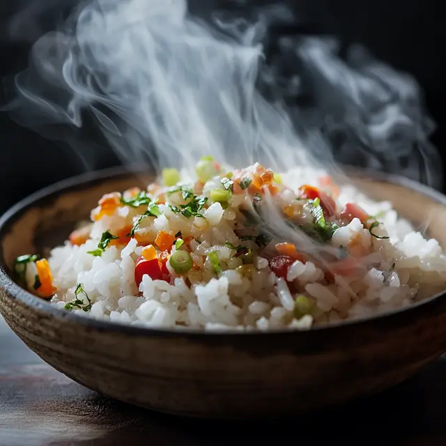 Flavored rice dish emitting white smoke.