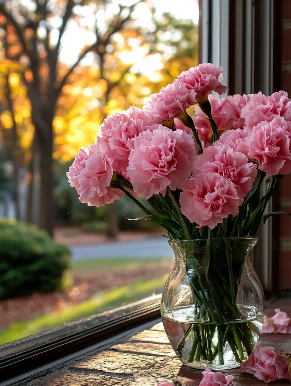 Beautiful vase with delicate pink flowers in full bloom on a windowsill in a cozy home setting.