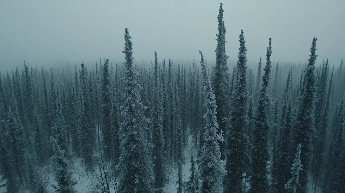 Serene winter scene of a forest covered in glistening snow, with snow-heavy branches.