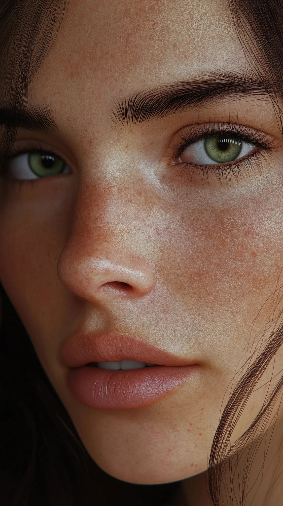 Close-up image highlighting a woman's freckled complexion and natural beauty.