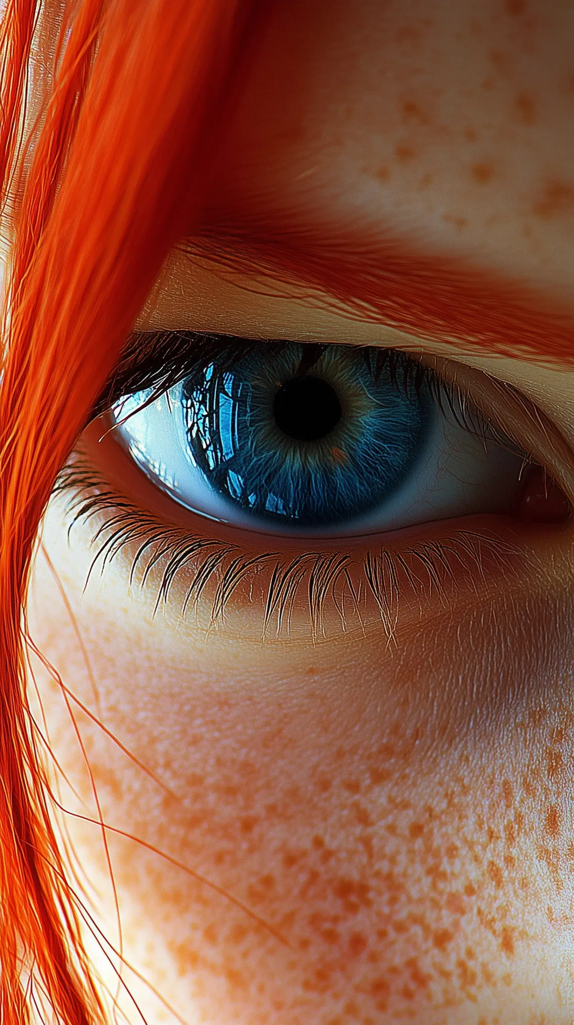 Close-up view of a person's eye with unique freckles, focusing on the intricate details of the iris and eyelashes.