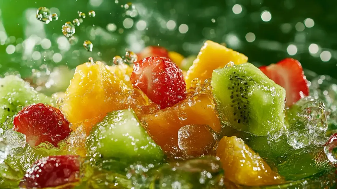 Fresh fruit pieces splashing, captured against a green background.