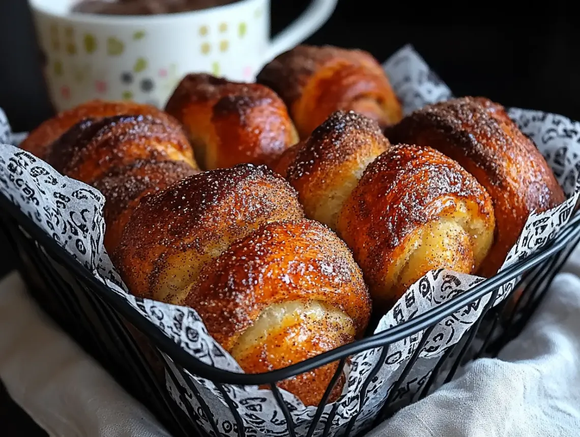 Cozy breakfast scene with a basket of freshly baked golden brown pastries.