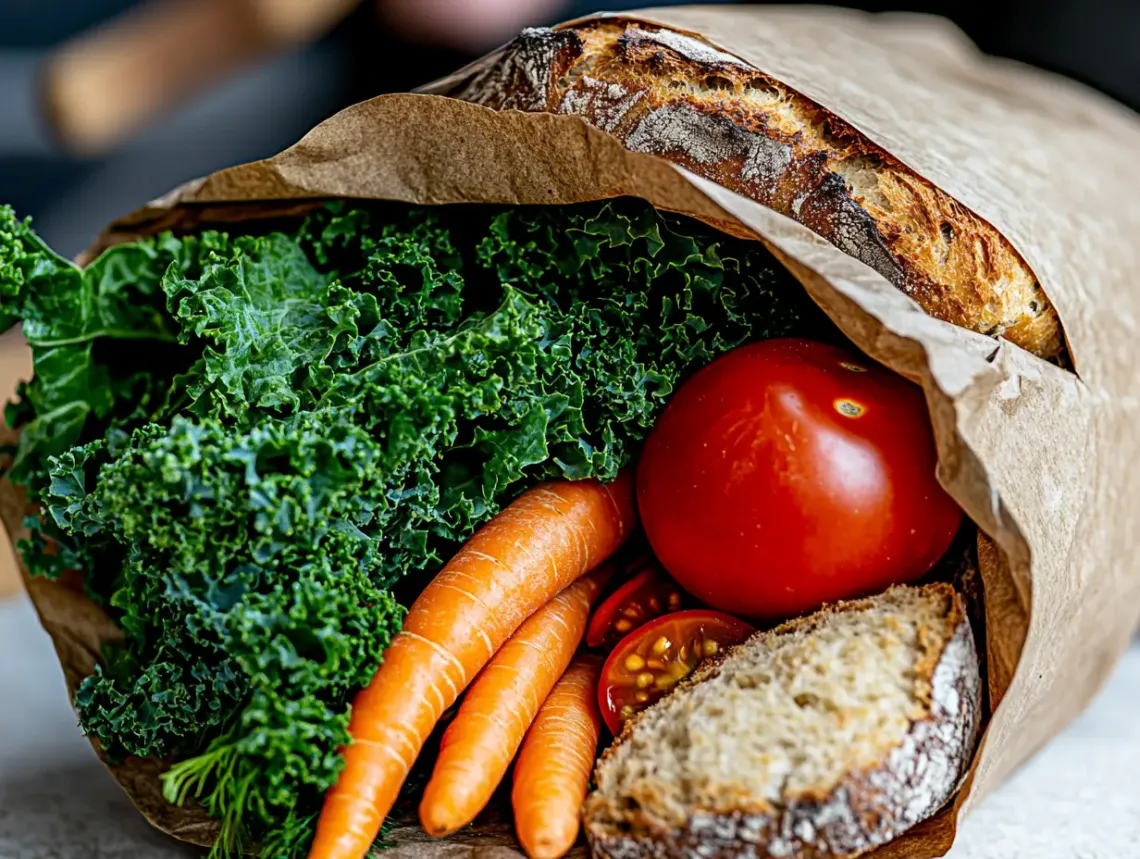 Bag of fresh vegetables and artisanal bread loaf on a cozy wooden table suggesting healthy eating.