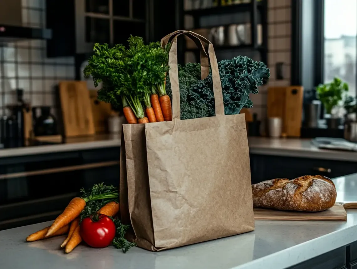 A fresh bag of vegetables including carrots, peppers, and lettuce, next to a loaf of bread on a kitchen counter.