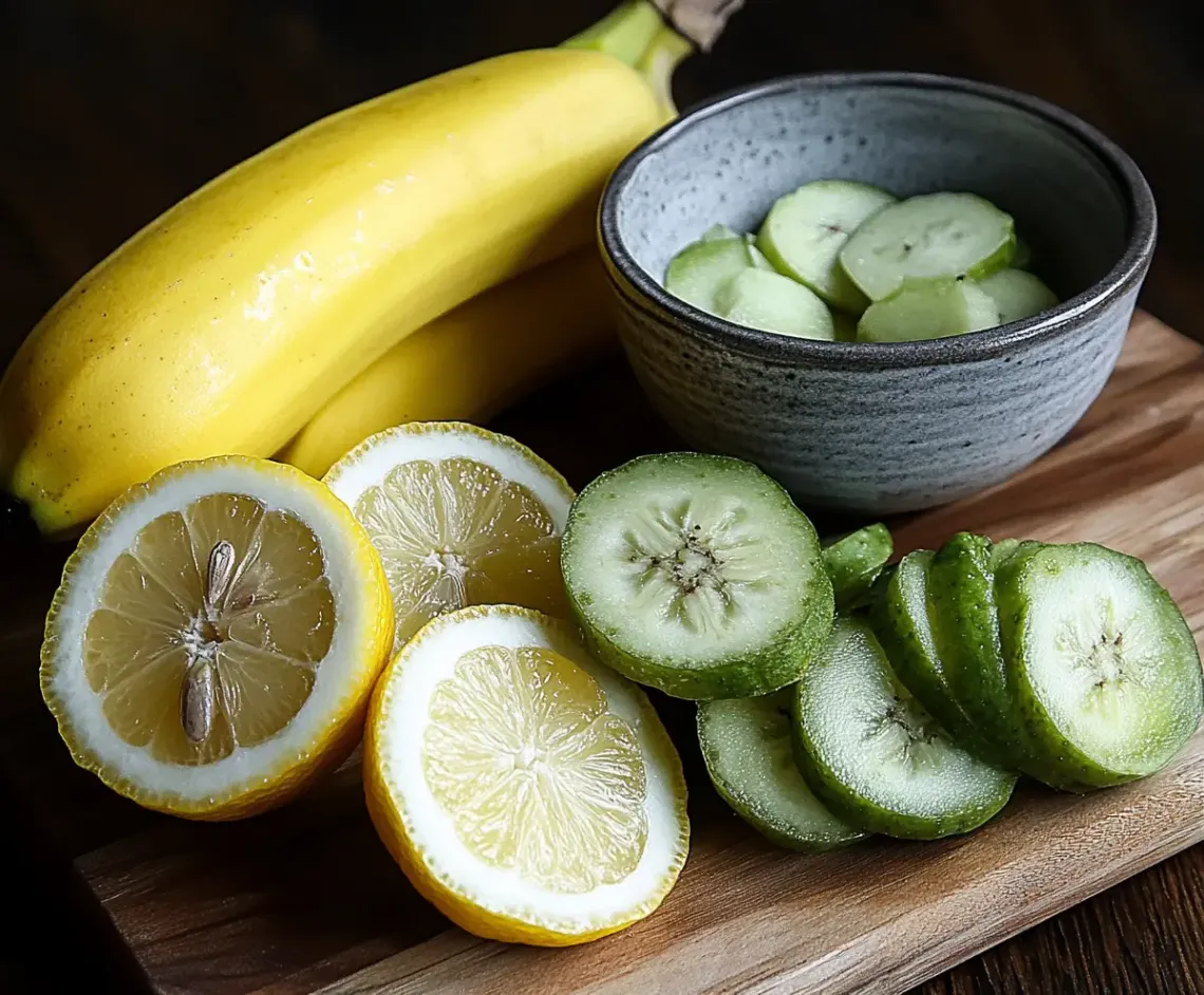 Sliced lemons and cucumbers on a worn wooden cutting board, showcasing precision and fresh preparation.