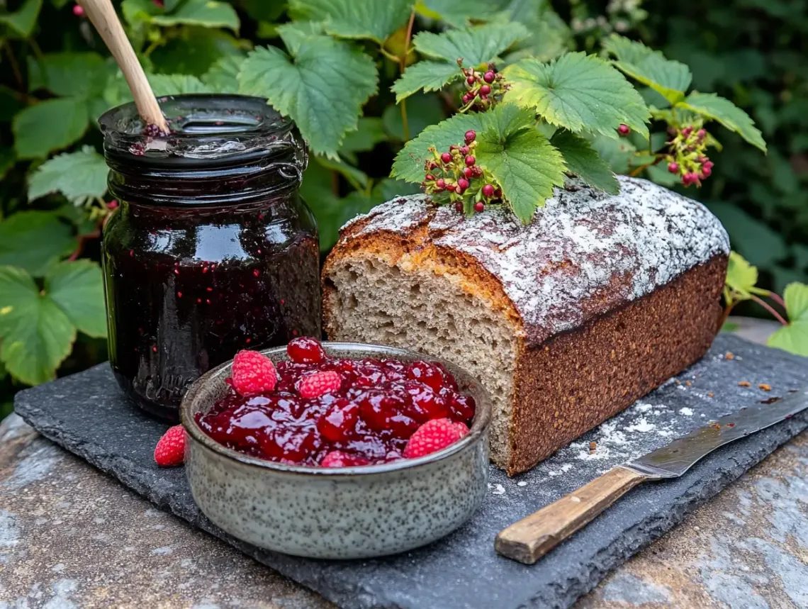 Freshly baked loaf of bread next to a jar of vibrant red raspberry jam, symbolizing warmth and indulgence.