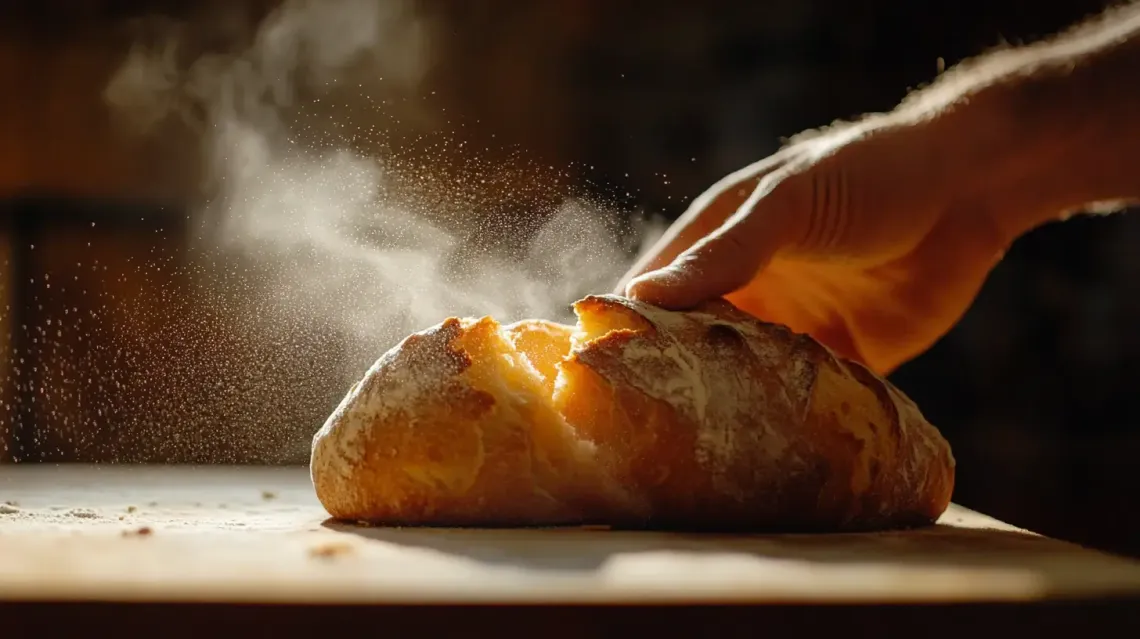 Person standing over a freshly baked loaf of bread.