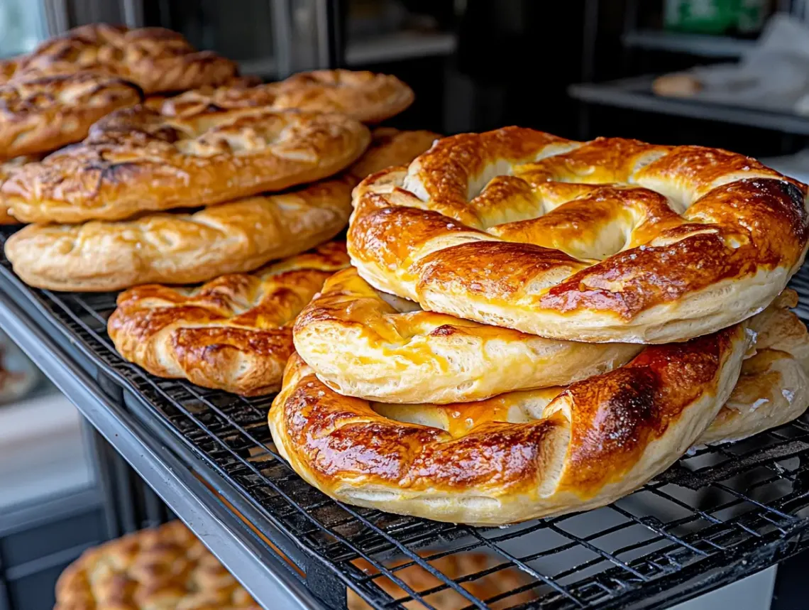 Variety of freshly baked pastries displayed neatly on a rack.