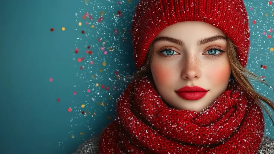 Woman wearing a red scarf and hat against a blue background.