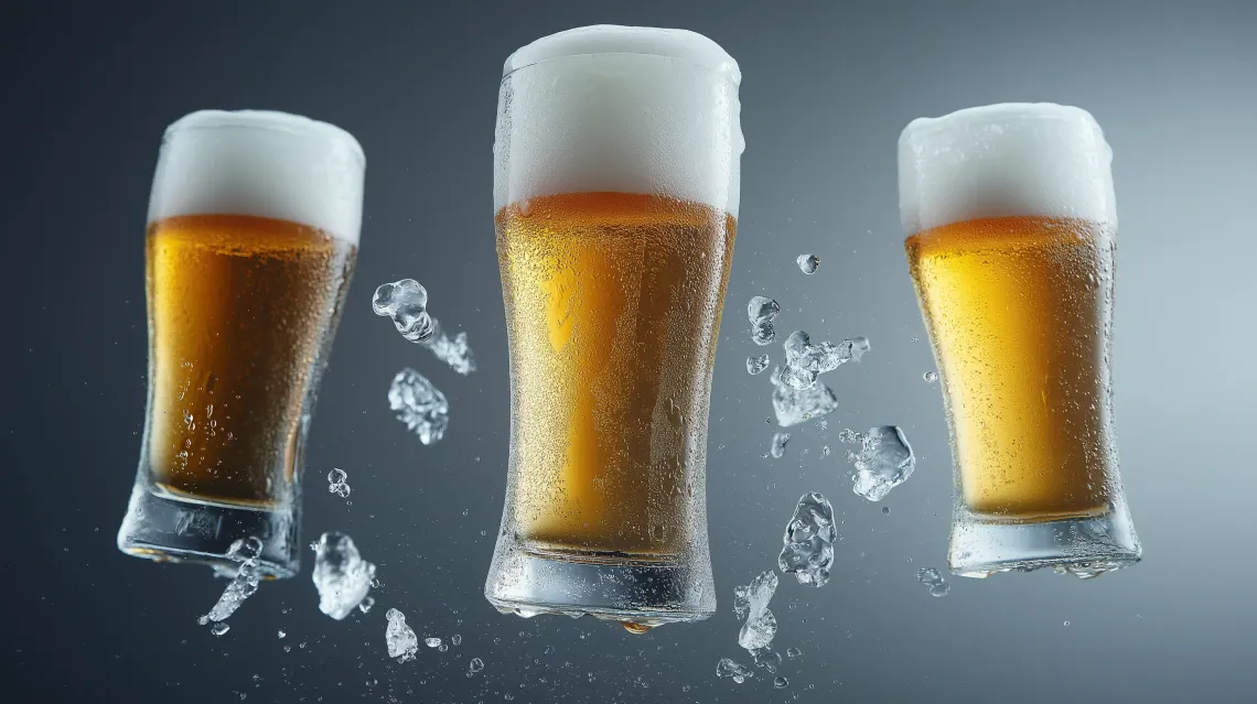 Three beer glasses being splashed with water droplets mid-air.